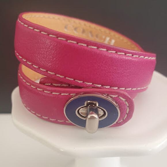 Coach Double Wrap‎ Leather Bracelet Berry Pink with Blue Enamel Turn Lock Clasp - Picture 8 of 10